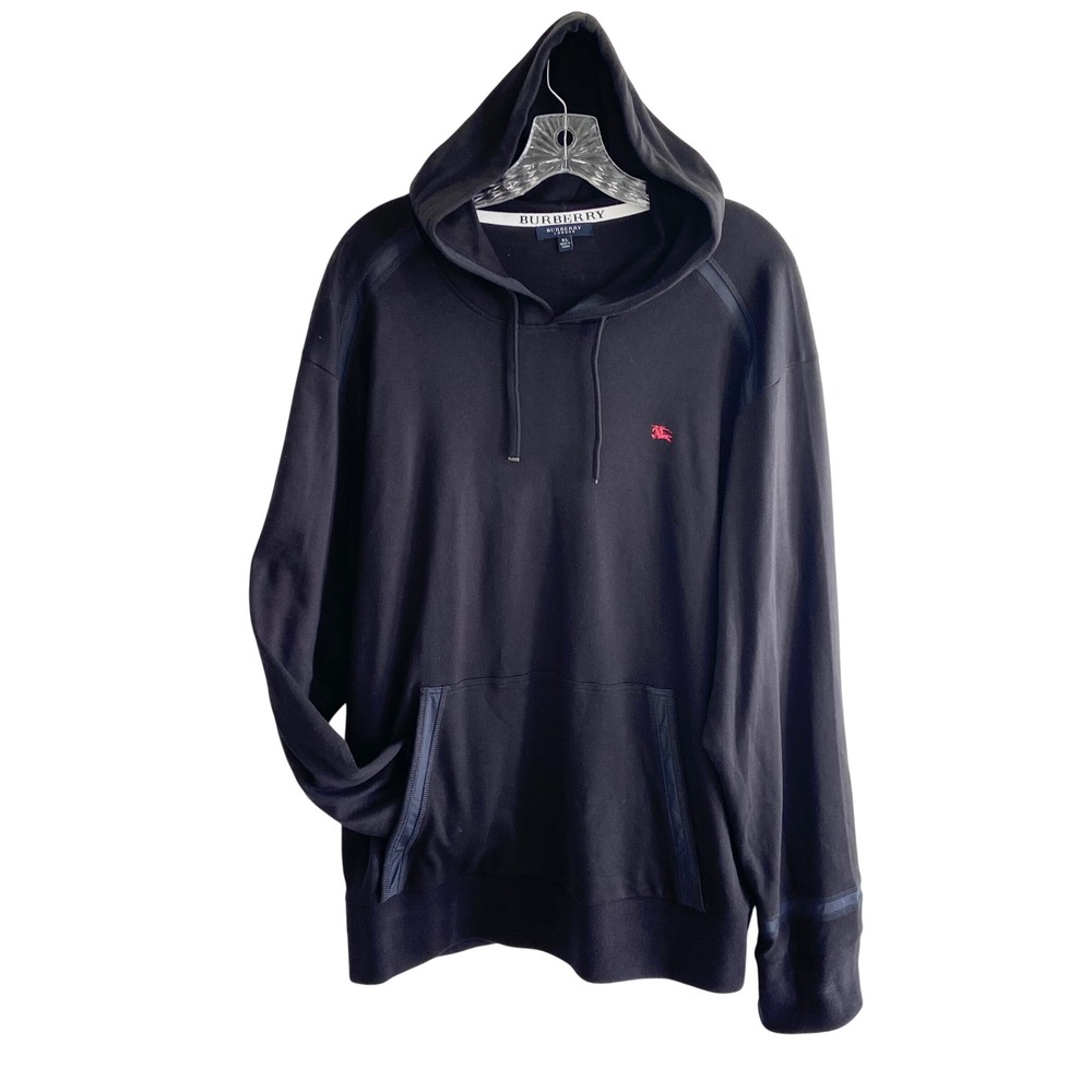 Burberry London Mens XL Black Cotton Pullover Hoodie Red Knight Logo Sweatshirt
